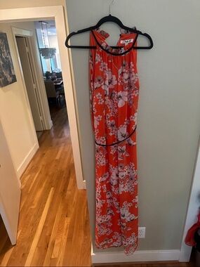 Chetta B Orange Floral Maxi Dress with Black Trim